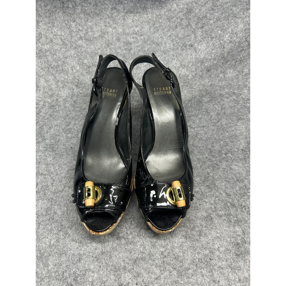 Stuart Weitzman Womens Slingback Wedge 8 Black Patent Leather Bamboo Detail - Picture 1 of 8